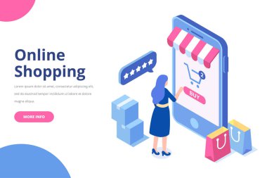 Online alışveriş izometrik vektör kavramı. Alışveriş torbaları izometrik insanlarla. Büyük satış. Mutlu alışveriş. Düz izole illüstrasyon vektör.