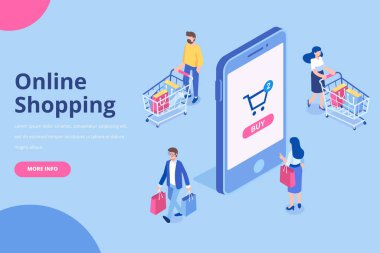 Online alışveriş izometrik vektör kavramı. Alışveriş torbaları izometrik insanlarla. Büyük satış. Mutlu alışveriş. Düz izole illüstrasyon vektör.