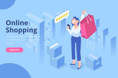 Online alışveriş izometrik vektör kavramı. Alışveriş torbaları izometrik insanlarla. Büyük satış. Mutlu alışveriş. Düz izole illüstrasyon vektör.