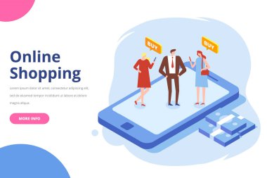 Online alışveriş izometrik vektör kavramı. Alışveriş torbaları izometrik insanlarla. Büyük satış. Mutlu alışveriş. Düz izole illüstrasyon vektör.