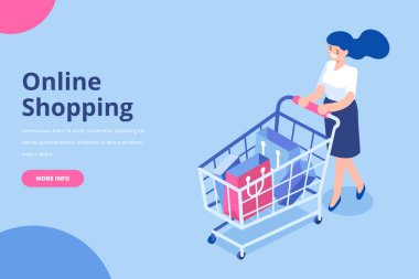 Online alışveriş izometrik vektör kavramı. Alışveriş torbaları izometrik insanlarla. Büyük satış. Mutlu alışveriş. Düz izole illüstrasyon vektör.