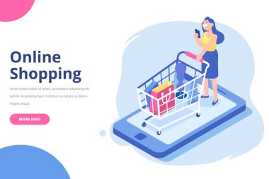Online alışveriş izometrik vektör kavramı. Alışveriş torbaları izometrik insanlarla. Büyük satış. Mutlu alışveriş. Düz izole illüstrasyon vektör.