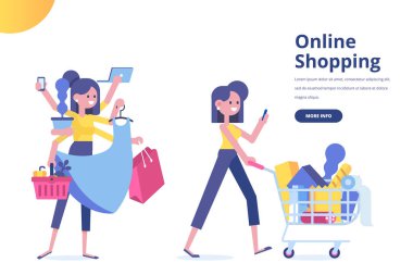 Alışveriş sepeti ile mutlu güzel kadın. Online alışveriş ve süpermarket kavramı. Beyaz izole düz vektör izole illustaration.