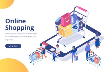 Online alışveriş izometrik kavramı. Büyük satış. Düz vektör çizim.