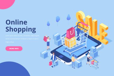 Online alışveriş izometrik kavramı. İzometrik kadın ve erkek karakter alışveriş torbaları ve alışveriş sepeti ile. Düz vektör çizim.