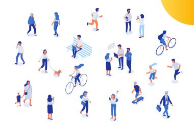 Farklı isomeric insanlar üzerinde beyaz izole set vektör. Erkek ve kadın vharacters. Köpek, Bisiklet ve kaykay parkı, insanlar süpermarkette bankta oturmuş, sürme ile yürüme.