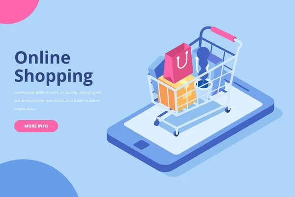 Concepto Isométrico Compras Online Carro Compras Con Bolsas Diseño Vectorial — Vector de stock