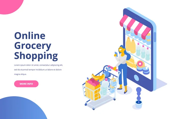 Online Grocery Shopping Isometric Concept People Shopping Carts Flat Vector — Stock Vector