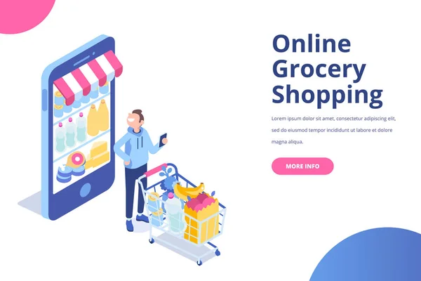 Concepto Isométrico Compras Online Gente Con Carritos Compras Ilustración Aislada — Archivo Imágenes Vectoriales