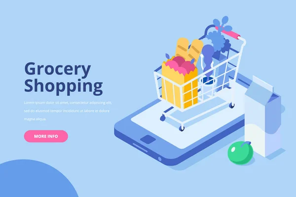 Online Élelmiszer Vásárlás Koncepció Izometrikus Shopping Cart Friss Élelmiszer Ital — Stock Vector