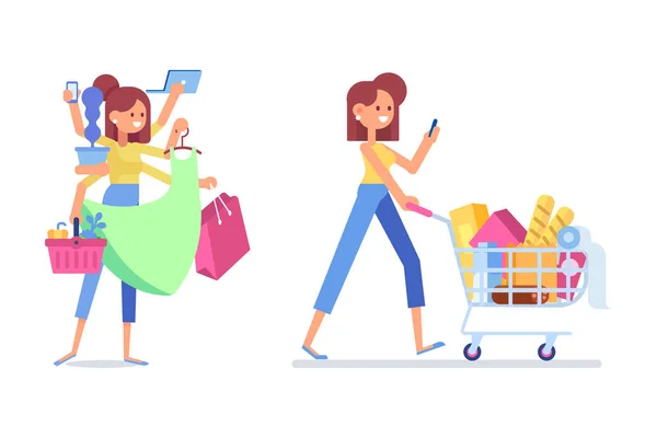 Gente Comprando Supermercado Flat Vector Mujeres Con Bolsas Compras Carrito — Vector de stock