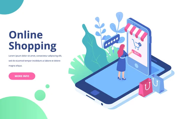 Online Shopping Isometric Concept Woman Making Online Shopping Phone Isometric — Stock Vector