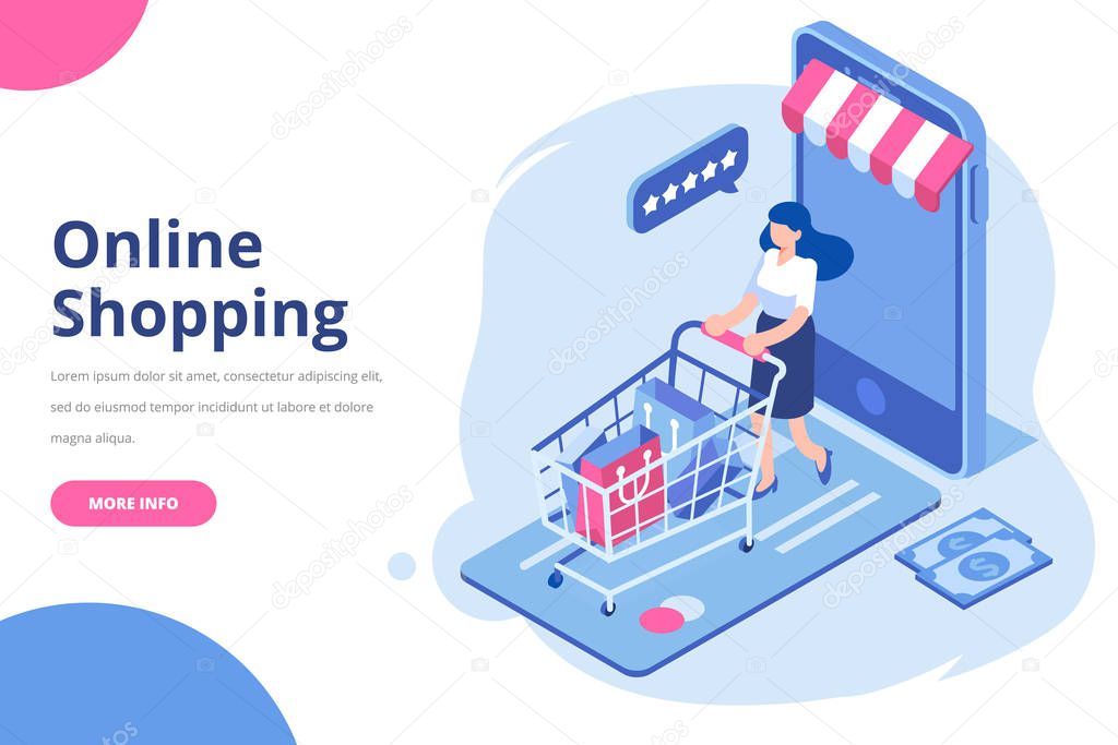 Online Shopping isometric vector concept. Isometric people with shopping bags. Big sale. Happy shoppers.  Flat vector isolated  illustration.