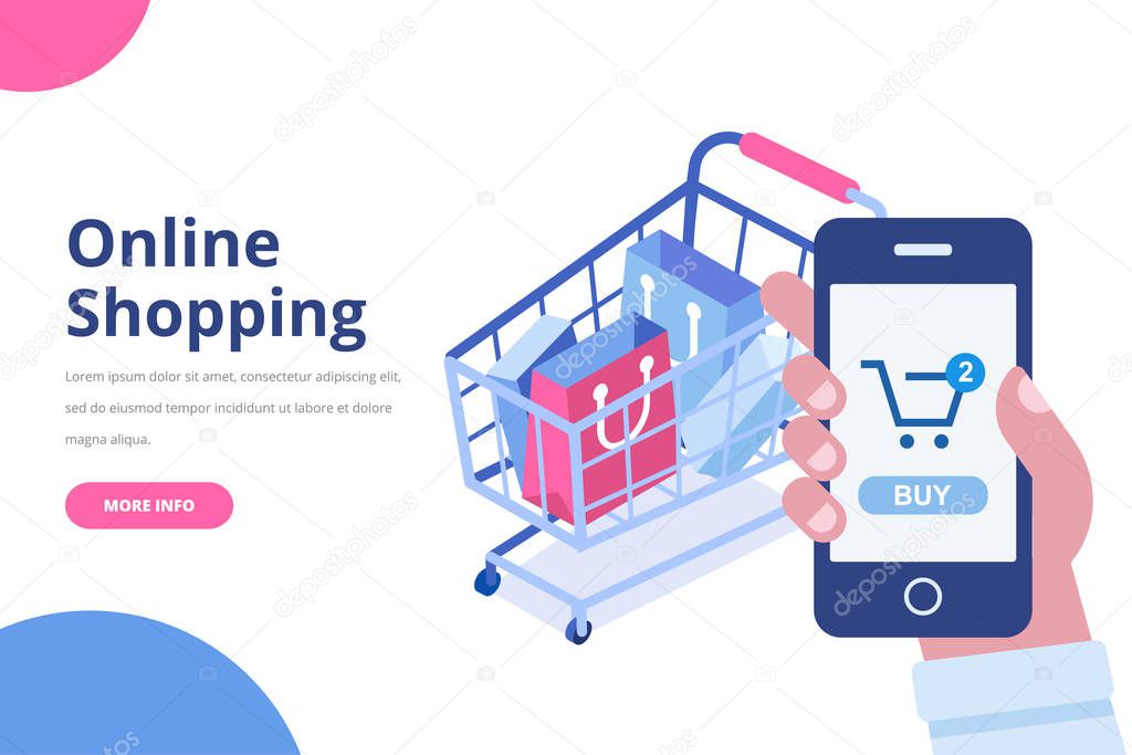 Online shopping isometric concept. Shopping cart with bags. Man's hand with mobile phone. Flat  vector design isolated on white backgro