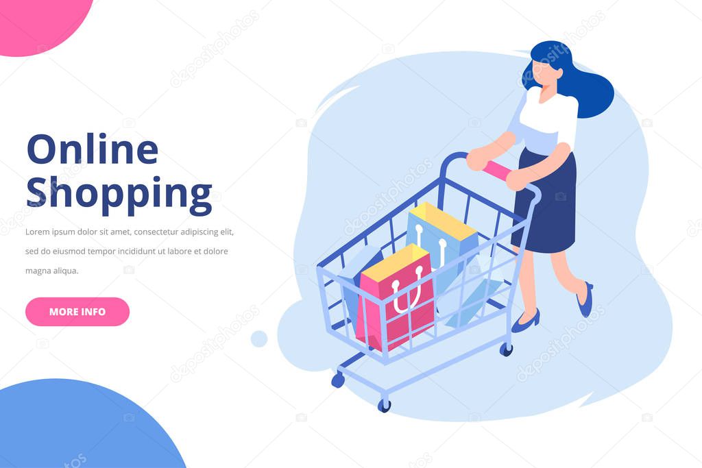 Online Shopping isometric vector concept. Isometric people with shopping bags. Big sale. Happy shoppers.  Flat vector isolated  illustration.