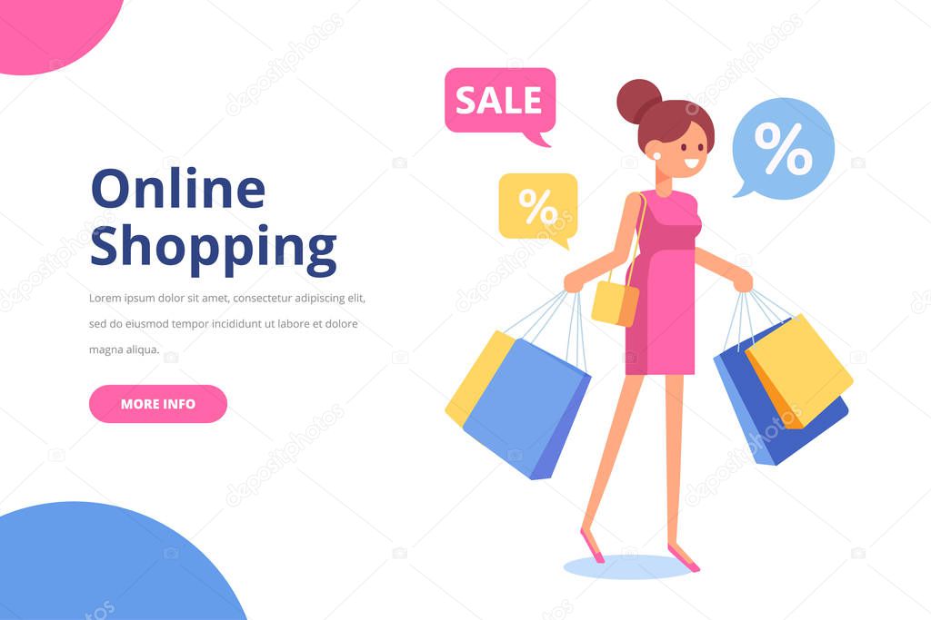 Happy pretty woman with shopping bags. Online Shopping and  Supermarket concept.Sale. Flat vector isolated  illustaration isolated on white.