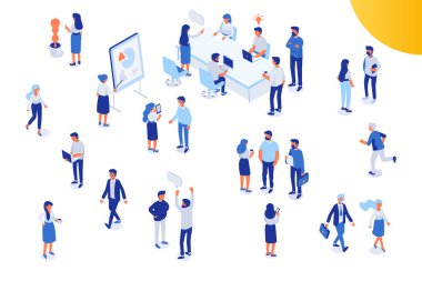İsomeric ofis insanlar kümesi vektör. Büro hayatı. Beyaz arka plan üzerinde izole düz vektör karakter.