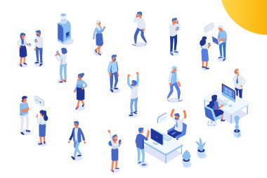 İsomeric ofis insanlar kümesi vektör. Büro hayatı. Beyaz arka plan üzerinde izole düz vektör karakter.