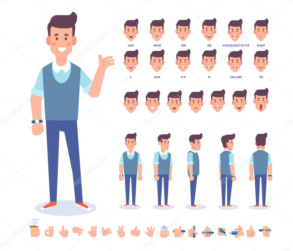 Young man character for your scenes. Character creation set with various views, face emotions, lip sync, poses and gestures. Separate Parts of body. Cartoon style, flat vector illustration.