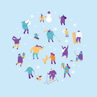 Kış sezonu arka plan insanlar kümesi vektör. Kış açık hava etkinlikleri. Düz vektör çizim.