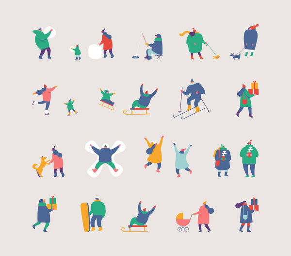 Зимний сезон фон людей векторный набор. Зимняя активность.Плоская векторная иллюстрация
.