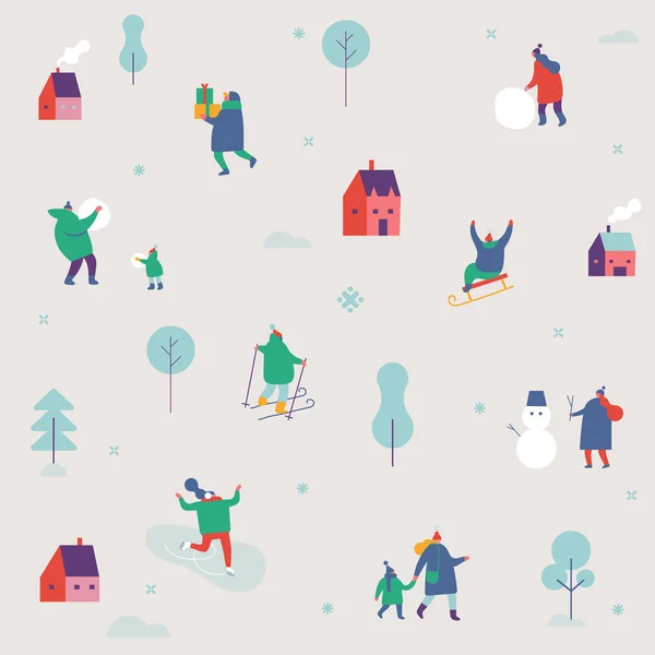 Hiver Saison Arrière Plan Personnages Les Gens Ont Des Activités — Image vectorielle