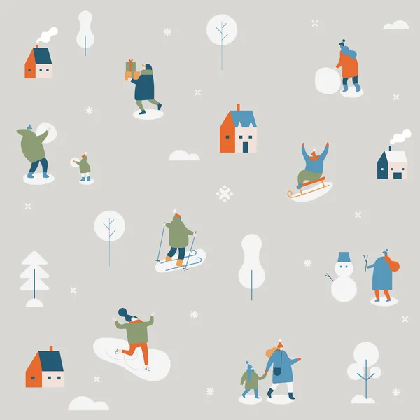 Inverno Temporada Fundo Pessoas Simples Personagens Vetor Padrão Simples Temporada —  Vetores de Stock