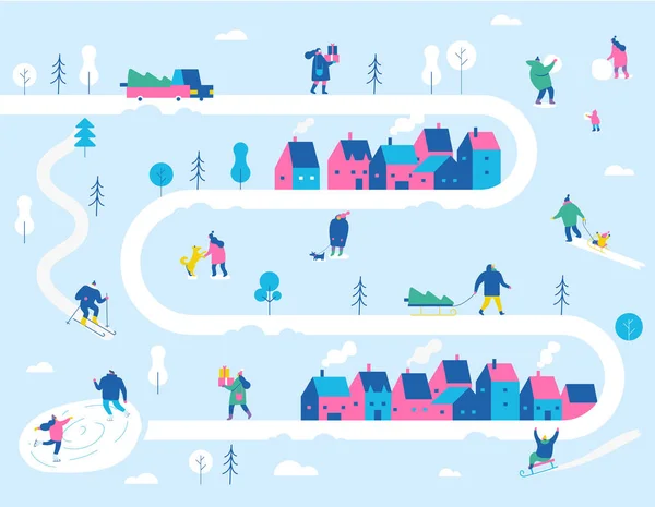 冬季户外活动 下雪的城市背景 人们走路 玩得开心 平面矢量图 — 图库矢量图片