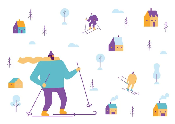 Modello Gente Invernale Sciare Andare Slitta Illustrazione Vettoriale Piatto — Vettoriale Stock