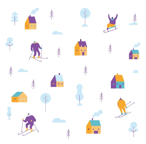 Kış Insanlar Desen Kayak Kızak Düz Vektör Çizim — Stok Vektör