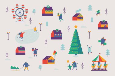 Noel Pazar ve tatil Fuar posteri. Kış ve tatil aktiviteleri. Düz vektör çizim.