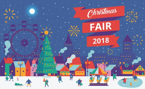 Christmas market and holiday fair poster. Winter and holiday activities. Flat vector illustration.