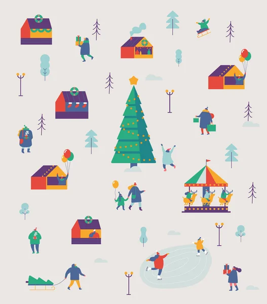 Marché Noël Fête Foraine Affiche Activités Hiver Vacances Illustration Vectorielle — Image vectorielle