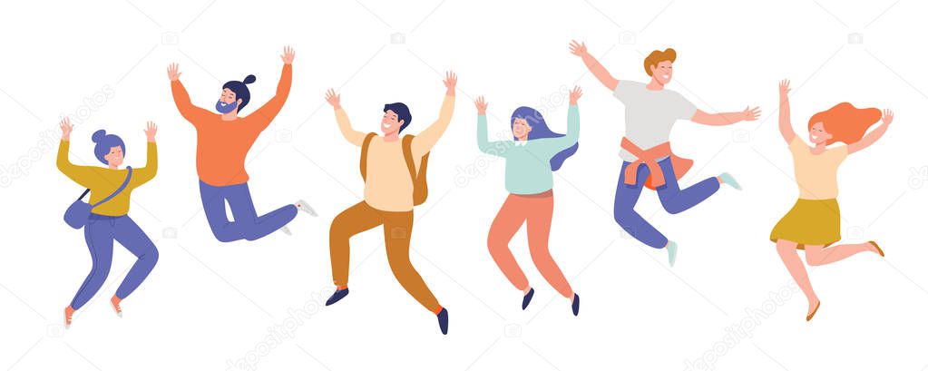 Group of young happy laughing people jumping with raised hands. Friendship. Vector flat cartoon illustration isolated on white background.