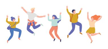 Gençlerin grup ile atlama mutlu gülen ellerini kaldırdı. Dostluk. Vektör düz çizgi film illüstrasyon izole beyaz arka plan üzerinde.