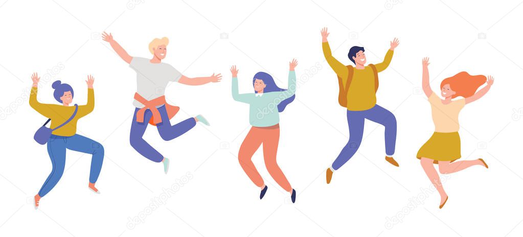 Group of young happy laughing people jumping with raised hands. Friendship. Vector flat cartoon illustration isolated on white background.