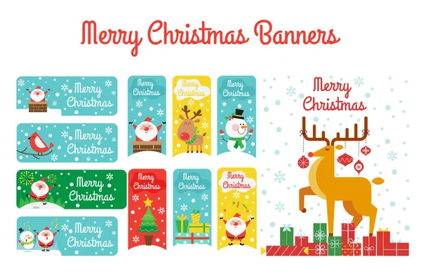 Karácsonyi Bannerek Kártyák Gyűjteménye Santa Snowman Deer Vektoros Illusztráció Lapos — Stock Vector