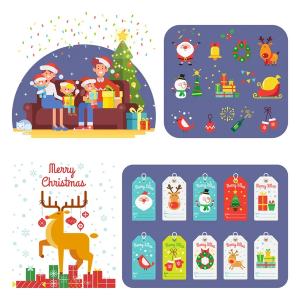 クリスマスと新年あけましておめでとうございますベクトルを設定します 一緒に幸せな家族 自宅のソファの上に座って子供たち サンタ クロースのバナー Christmas Cartoon スタイル フラットのベクトル図を祝う — ストックベクタ