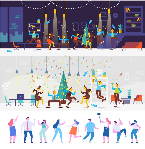 人们在办公室里有一个圣诞晚会 他们在聚会上跳舞 假日活动 动画片样式 平的向量例证 — 图库矢量图片