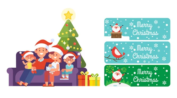 クリスマスと新年あけましておめでとうございますベクトルを設定します 一緒に幸せな家族 自宅のソファの上に座って子供たち サンタ クロースのバナー Christmas Cartoon スタイル フラットのベクトル図を祝う — ストックベクタ