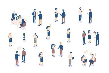Vektör Isomeric insanlar izole üzerinde beyaz ayarlayın. Erkek ve kadın karakter. Düz izometrik çizimde.