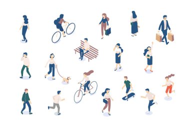 Vektör Isomeric insanlar izole üzerinde beyaz ayarlayın. Erkek ve kadın karakter. Düz izometrik çizimde.