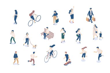 Vektör Isomeric insanlar izole üzerinde beyaz ayarlayın. Erkek ve kadın karakter. Düz izometrik çizimde.