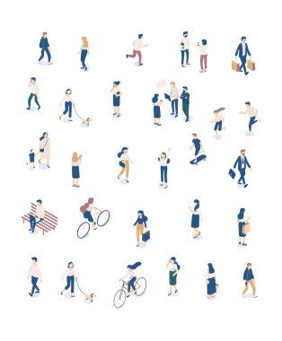 Vektör Isomeric insanlar izole üzerinde beyaz ayarlayın. Erkek ve kadın karakter. Düz izometrik çizimde.