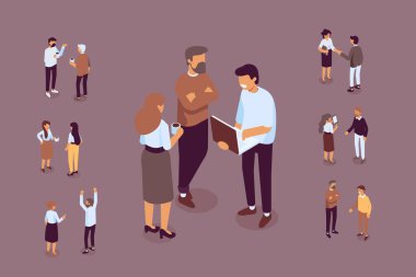 İsomeric ofis insanlar kümesi vektör. Büro hayatı. Koyu arka plan üzerinde izole düz vektör karakter.