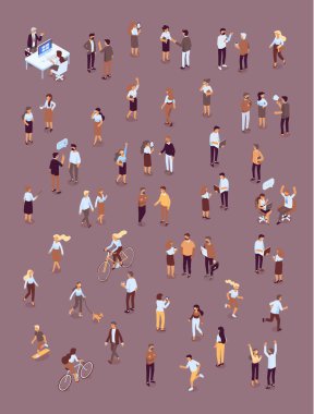 Farklı isomeric insanlar izole koyu arka plan üzerinde set vektör. Erkek ve kadın karakter. Düz izometrik vektör.