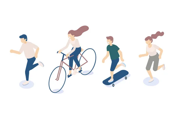 Υπαίθριες Δραστηριότητες Τρέξιμο Γυμναστικής Ιππασίας Ποδήλατο Skateboard Ισομετρική Διάνυσμα Άτομα — Διανυσματικό Αρχείο