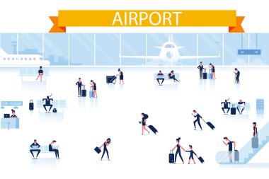 Havaalanı yatay arka plan. Oturma ve yürüme Havaalanı terminal insanlar. Düz vektör çizim.