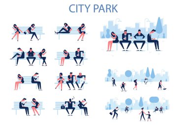 Modern şehir hayatı. Açık havada yürüyüş telefonlar kullanan kişiler düz Illustration. Düz konsept illüstrasyon insanlar bağımlılığı ağlar ve Internet zaman harcama. 
