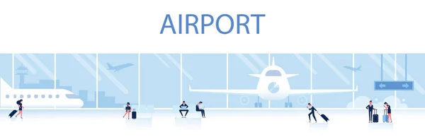 空港横の背景 人が座っていると空港ターミナルを歩いてします フラットのベクトル図 — ストックベクタ